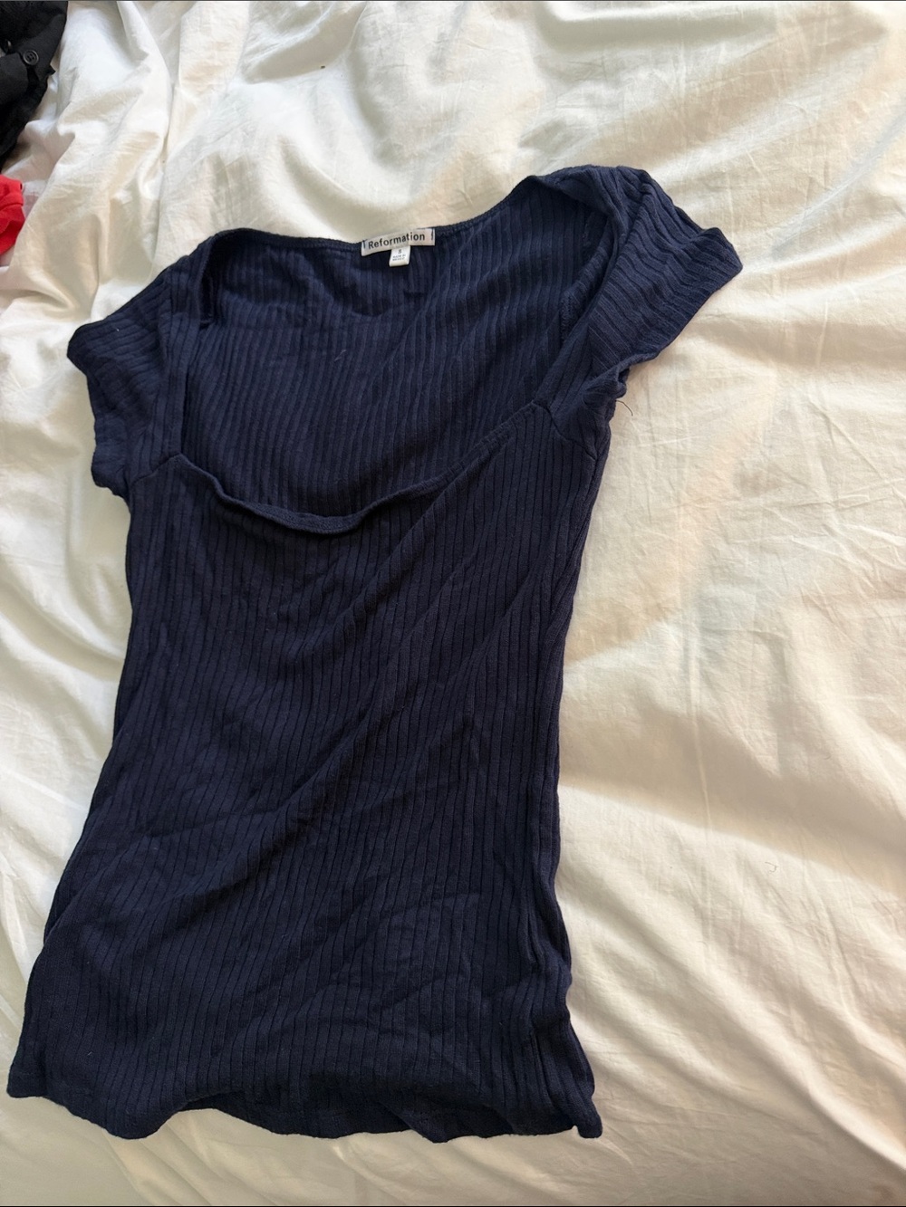 Reformation Navy Ribbed Square Neck Short Sleeve Top